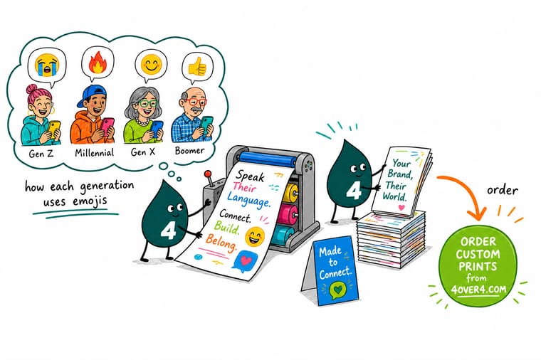 Wally from 4OVER4 comparing how four generations read the same emoji on a printed brand message