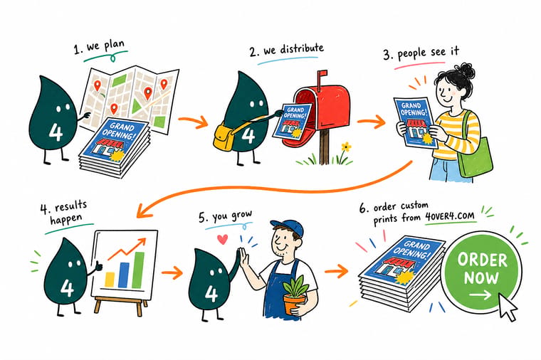 Wally, the 4OVER4 mascot with a 4, holding a carrier route map in one hand and a door hanger in the other while a letter carrier walks a street of mailboxes behind him