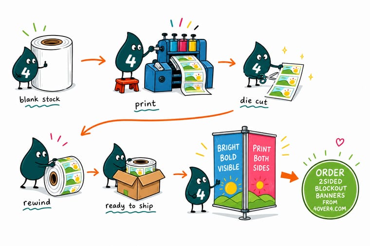 Wally, the 4OVER4 mascot, peeling a printed label off its release liner and pressing it onto a jar