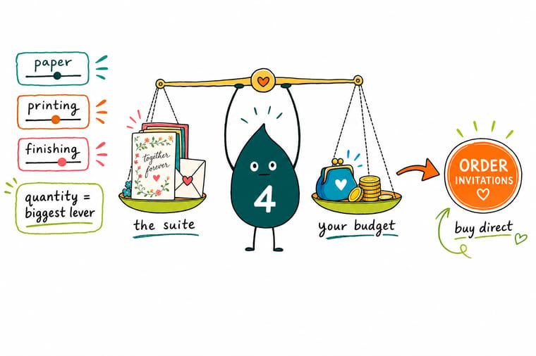Wally, the 4OVER4 mascot with a 4, weighing a stack of wedding invitations against a small budget to show the real cost