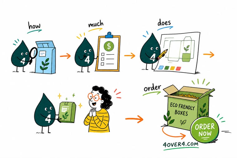 Wally, the 4OVER4 mascot with a 4, weighing a packaging box against a stack of coins to show design cost