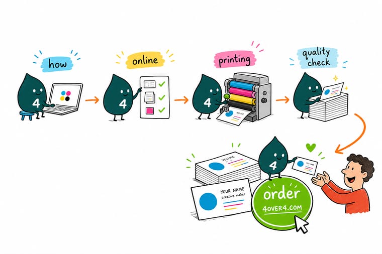 Wally, the 4OVER4 mascot holding a 4, moving a print job from browser upload through the press to a shipping box