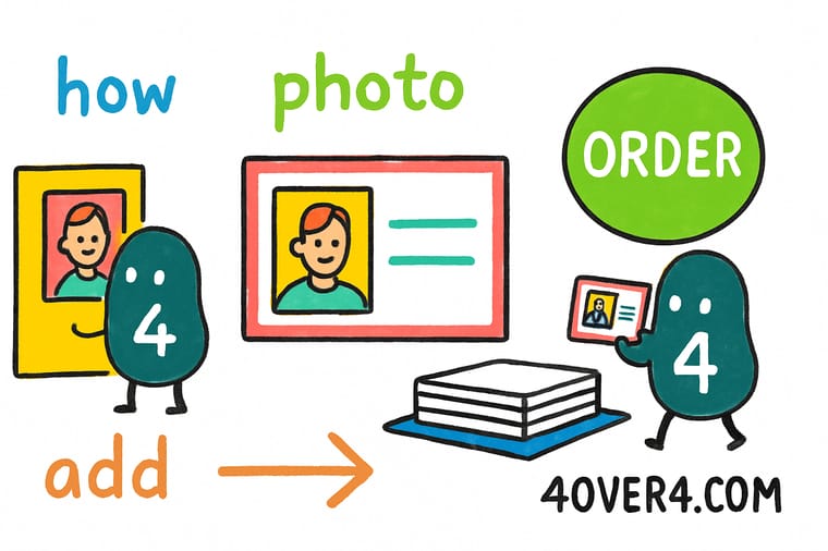 Wally, the 4OVER4 mascot with a 4, measuring a headshot on a business card layout and checking that the photo runs past the bleed line