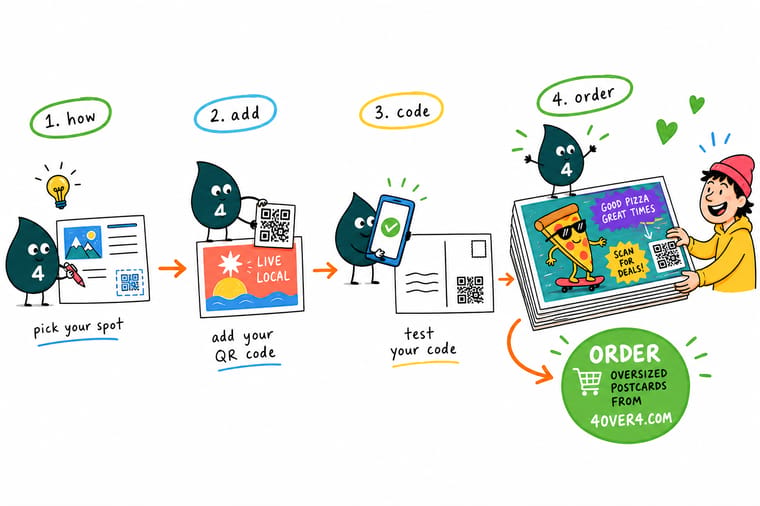 Wally, the 4OVER4 mascot with a 4, holding a postcard whose QR code links to a phone screen