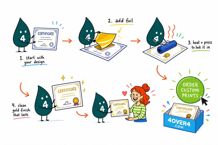 Wally, the 4OVER4 mascot with a 4, pressing a heated die through gold foil film onto a certificate so the border and seal come out metallic