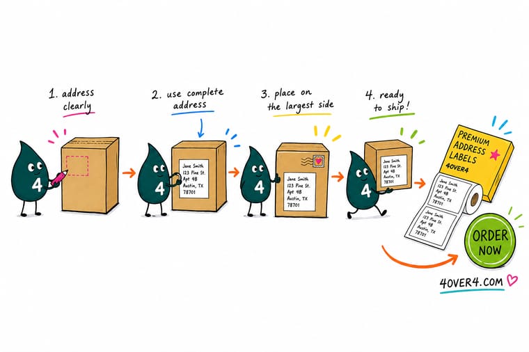 Wally, the 4OVER4 mascot, pointing at a shipping box with a printed address label placed on its largest flat face