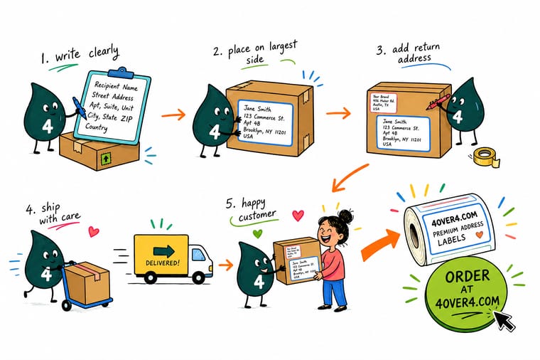 Wally, the 4OVER4 mascot holding a 4, pointing to a parcel with the return address in the top-left, the recipient address centered, and the shipping label in the top-right