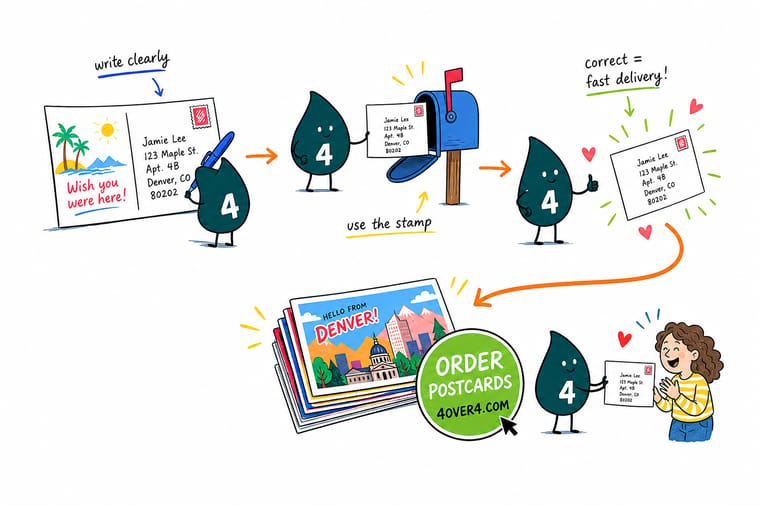 Wally, the 4OVER4 mascot with a 4, pointing to the right half of a postcard where the address and stamp belong