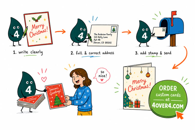 Wally, the 4OVER4 mascot holding a 4, addressing a Christmas card envelope with the return address top-left, the recipient centered, and a stamp top-right