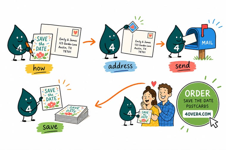 Wally, the 4OVER4 mascot holding a 4, splitting a save-the-date postcard into a message side and an address side to show where the name, address, return address, and stamp go