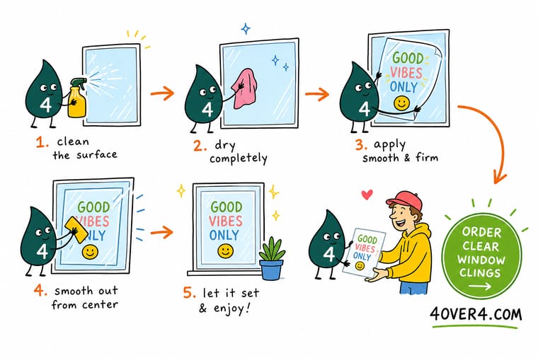 Wally, the 4OVER4 mascot with a 4, smoothing a window cling onto clean glass so it sticks bubble-free
