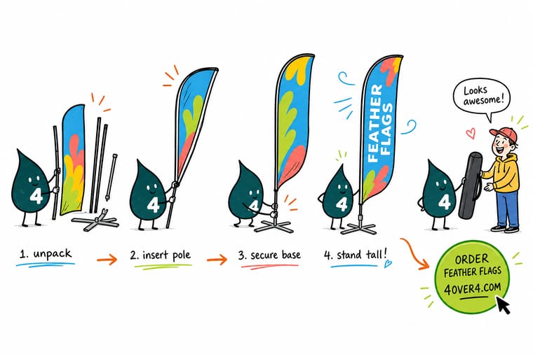 Wally, the 4OVER4 mascot with a 4, sliding a printed flag onto an assembled pole and setting it in a weighted base