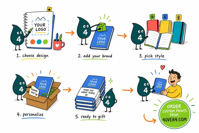Wally, the 4OVER4 mascot with a 4, pressing a logo die into a leather journal cover next to a stack of branded notebooks