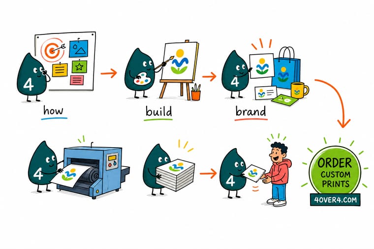 Wally, the 4OVER4 mascot with a 4, laying out a founder brand kit in order: a positioning note, a cleared name, a vector logo, a color swatch, then printed cards and a folder