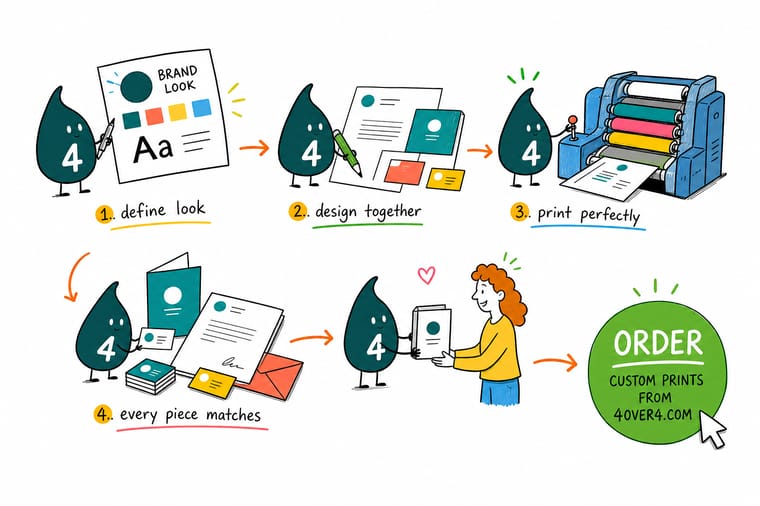 Wally, the 4OVER4 mascot with a 4, laying out a business card, letterhead, No. 10 envelope and presentation folder so their sizes line up