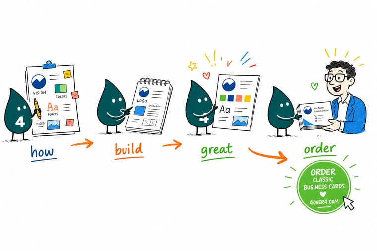 Wally, the 4OVER4 mascot holding a 4, lining up a logo, a color palette, and matching business cards to show a consistent corporate design