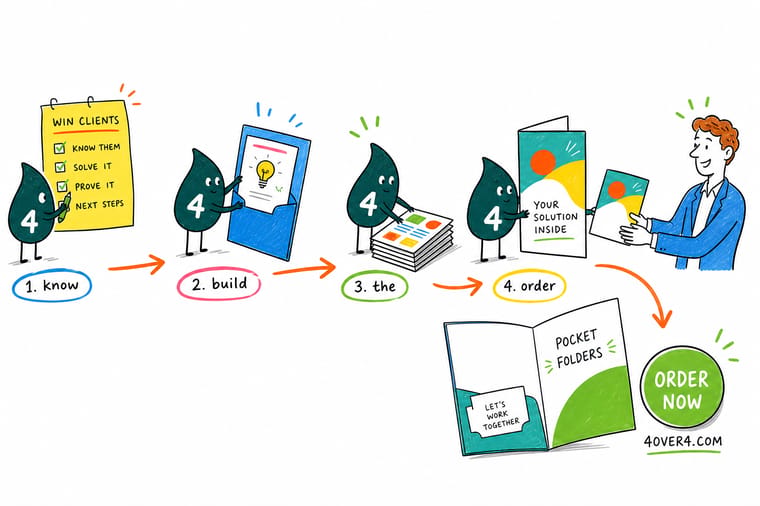 Wally, the 4OVER4 mascot with a 4, loading a sell sheet, brochure, and business card into a branded pocket folder
