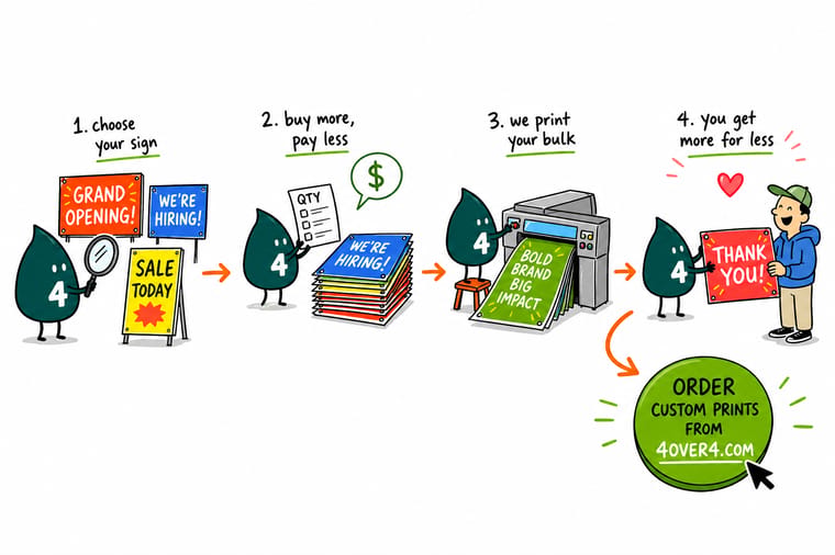 Wally, the 4OVER4 mascot with a 4, ganging one repeated sign artwork across a press sheet while a stack of finished coroplast signs grows beside him