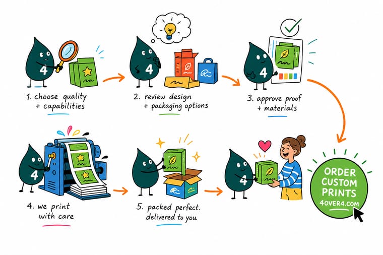Wally, the 4OVER4 mascot with a 4, holding a flat dieline in one hand and the folded box it becomes in the other