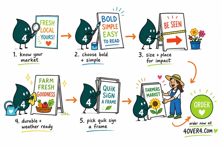 Wally, the 4OVER4 mascot, standing beside a market booth with an A-frame sign, a banner, and produce price cards