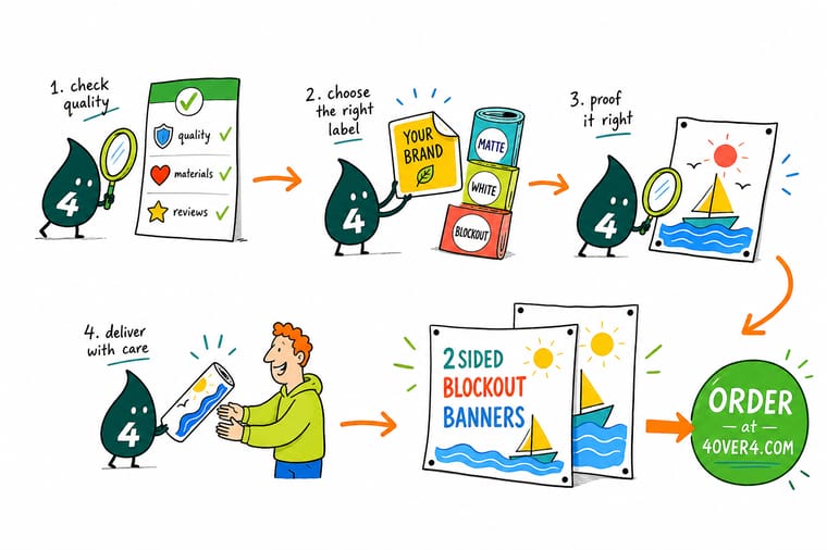 Wally, the 4OVER4 mascot, holding a bottle and comparing two printed labels while checking a vendor checklist on a clipboard