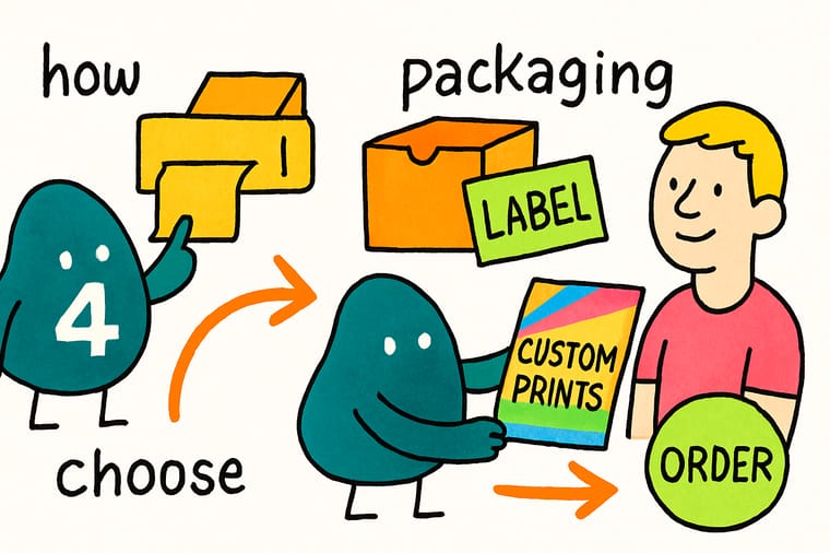Wally, the 4OVER4 mascot with a 4, holding a flat dieline in one hand and a folded printed box in the other while checking a proof