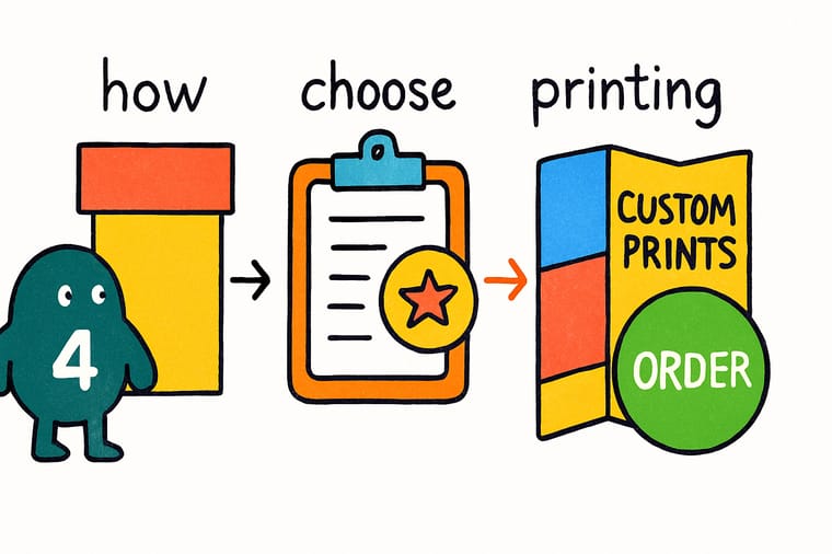 Wally, the 4OVER4 mascot with a 4, standing between a sheet press printing business cards and a wide-format printer rolling out a banner, holding a single delivery schedule for both