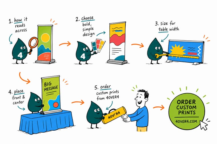 Wally, the 4OVER4 mascot with a 4, measuring three table top banner displays on a trade show table against a visitor eye line