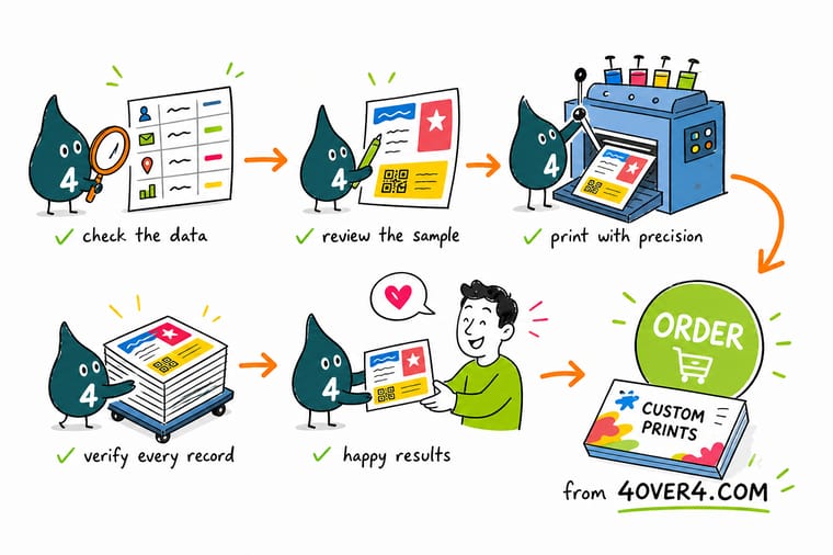 Wally, the 4OVER4 mascot with a 4, feeding a spreadsheet into a digital press and catching postcards that each carry a different name and offer code