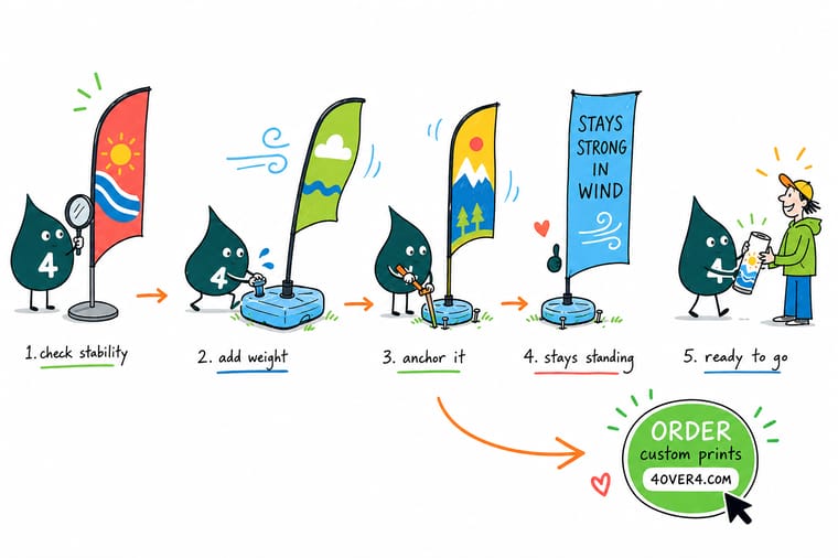 Wally, the 4OVER4 mascot with a 4, staking an A-frame into grass, filling a Signicade base with water on pavement, and holding a feather flag that bends in the wind
