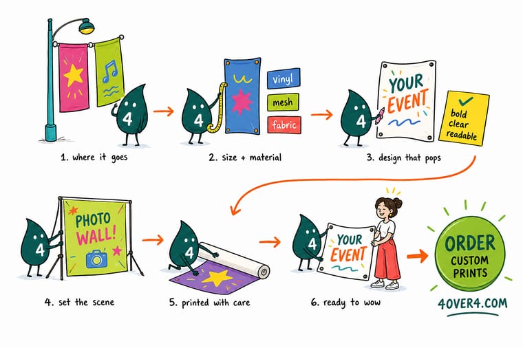 Wally, the 4OVER4 mascot with a 4, walking an event route and hanging a mesh banner on the fence, a vinyl banner at the entrance and flags along the path