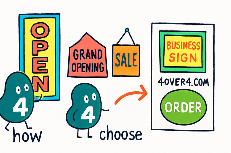 Wally, the 4OVER4 mascot with a 4, standing outside a small shop pointing at a staked yard sign, a window cling and an aluminum wall panel to show which sign belongs where