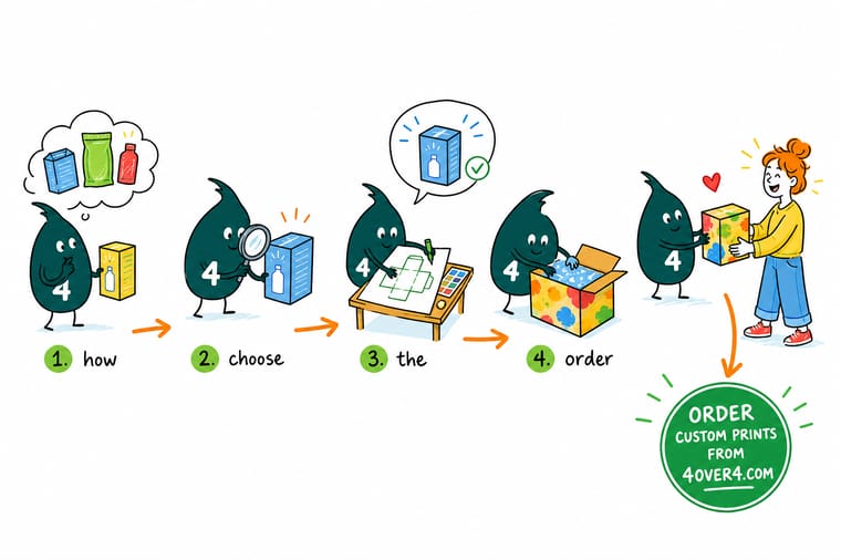 Wally, the 4OVER4 mascot holding a 4, weighing material, transport, budget, and audience on a scale before choosing a box style
