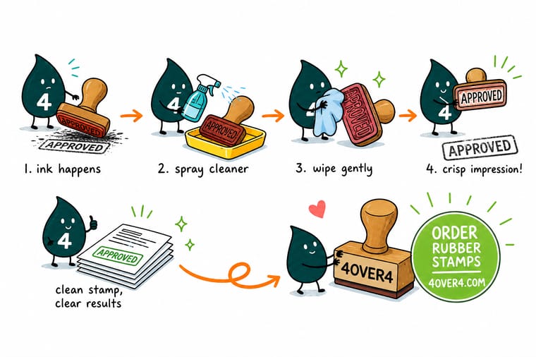 Wally, the 4OVER4 mascot with a 4, wiping a rubber stamp clean so it leaves a crisp impression