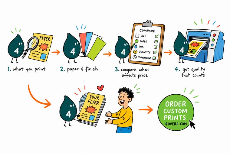 Wally, the 4OVER4 mascot with a 4, holding three flyer quotes side by side and circling the stock weight and turnaround lines on each one