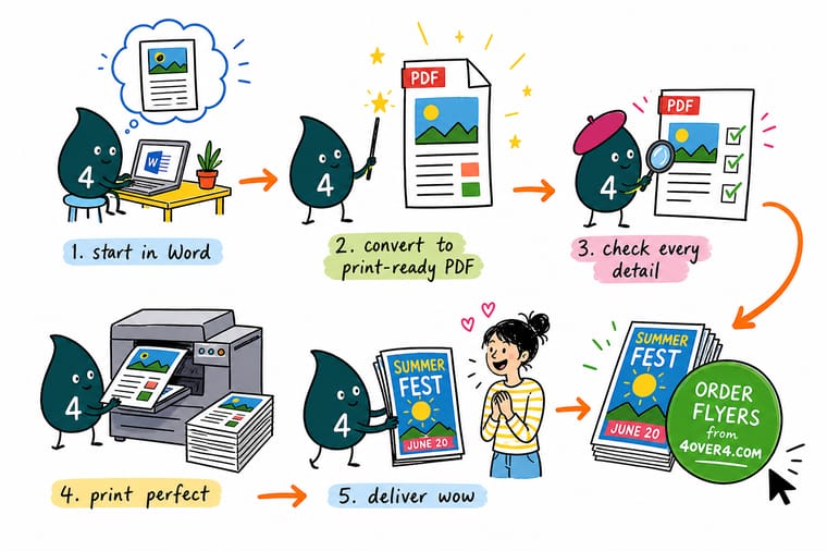 Wally, the 4OVER4 mascot holding a 4, turning a Word document into a print-ready PDF with embedded fonts and printing it