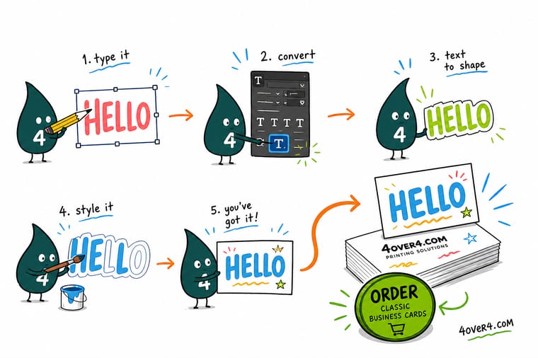 Wally, the 4OVER4 mascot holding a 4, turning a live text layer into a locked vector shape with anchor points before printing