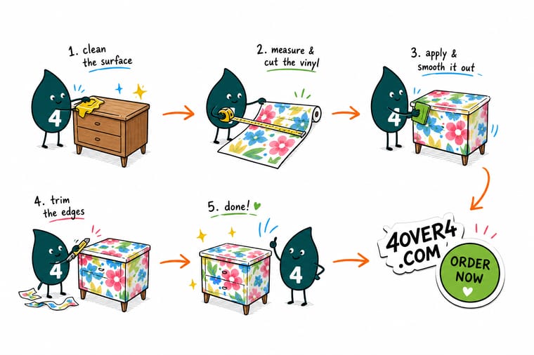 Wally, the 4OVER4 mascot with a 4, smoothing a sheet of vinyl onto a dresser with a squeegee