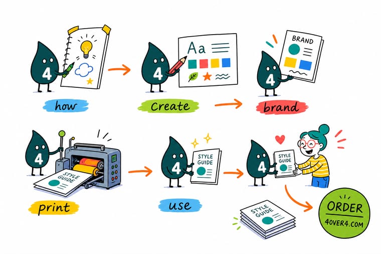 Wally, the 4OVER4 mascot with a 4, holding an open brand style guide showing a logo, a color swatch row and a type sample, with a printed business card beside it