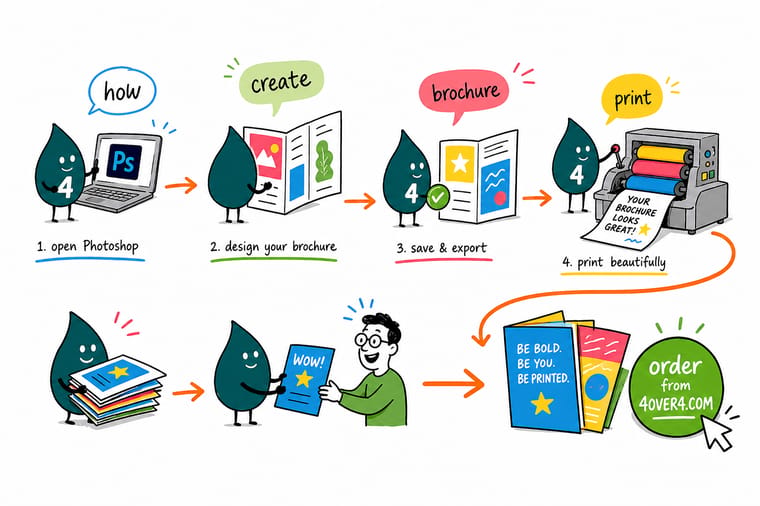 Wally, the 4OVER4 mascot with a 4, setting up a brochure canvas in Photoshop with bleed and fold guides marked