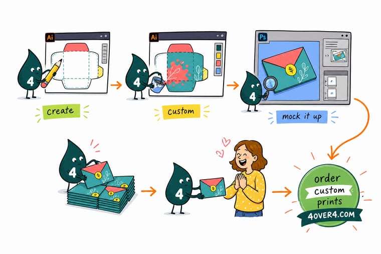 Wally, the 4OVER4 mascot with a 4, drawing an unfolded envelope blank in Illustrator with a solid cut outline and dashed fold lines around the four flaps