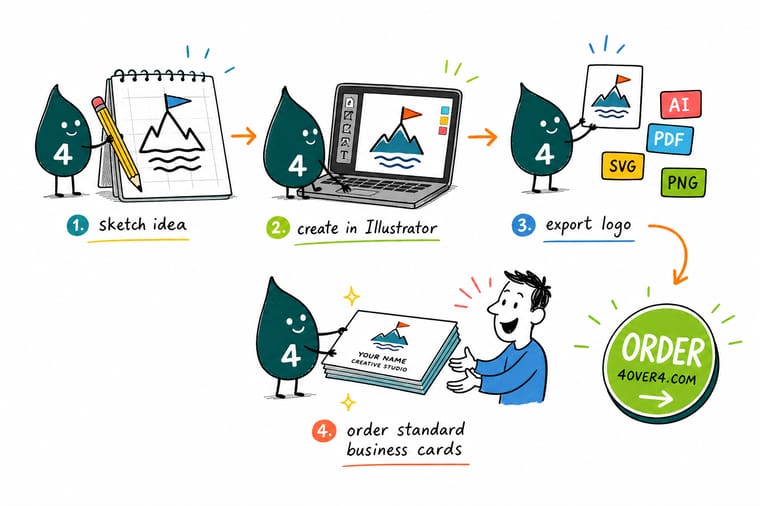 Wally, the 4OVER4 mascot holding a 4, building a vector logo in labelled steps and exporting it to a press-ready PDF for cards