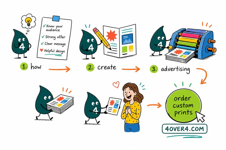 Wally, the 4OVER4 mascot with a 4, holding an advertising postcard with one big offer and a QR code, standing beside a mailbox