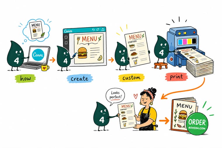 Wally, the 4OVER4 mascot with a 4, laying out a restaurant menu in Canva ready to print