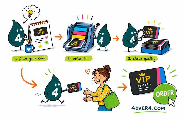 Wally, the 4OVER4 mascot holding a 4, stamping a punch on a wallet-size loyalty card next to a durable plastic member card, with an order tag