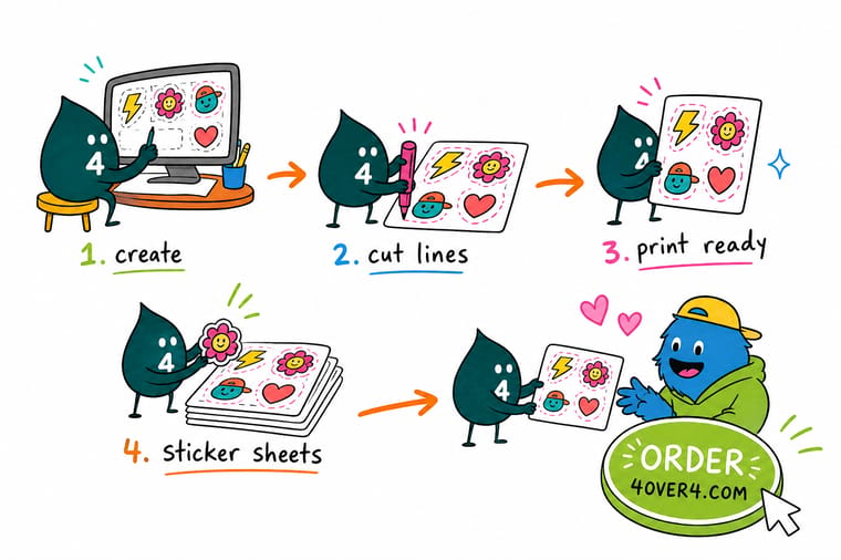 Wally, the 4OVER4 mascot holding a 4, drawing a magenta CutContour path around each sticker on an Illustrator artboard