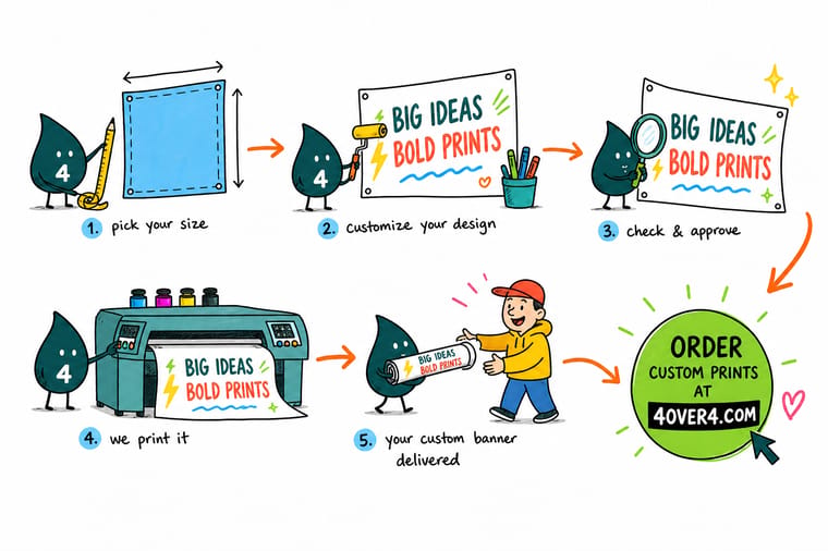 Wally, the 4OVER4 mascot with a 4, measuring a banner and marking the hem fold before punching grommets along the edge