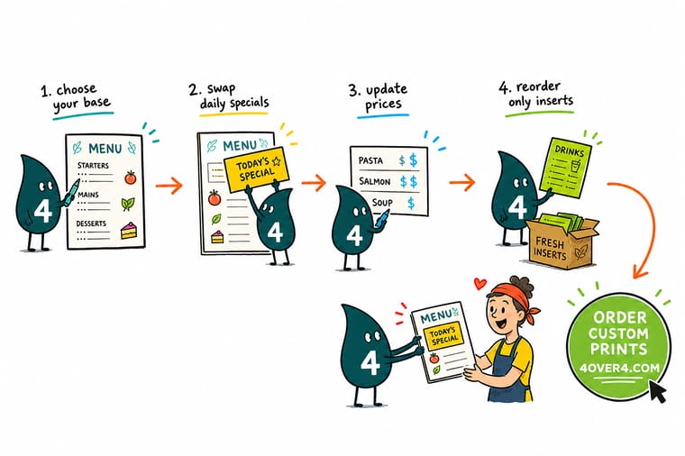 Wally, the 4OVER4 mascot with a 4, holding a restaurant menu with fixed section blocks while swapping the dish rows and prices inside them