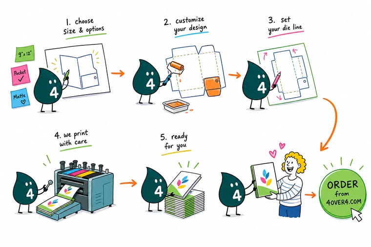 Wally, the 4OVER4 mascot with a 4, laying a folder die line over a design and pointing at the pocket area that hides the artwork