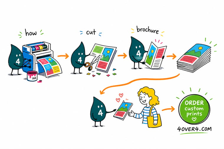 Wally, the 4OVER4 mascot with a 4, holding a thin floppy brochure in one hand and a properly weighted folded brochure in the other, with a quantity dial behind him